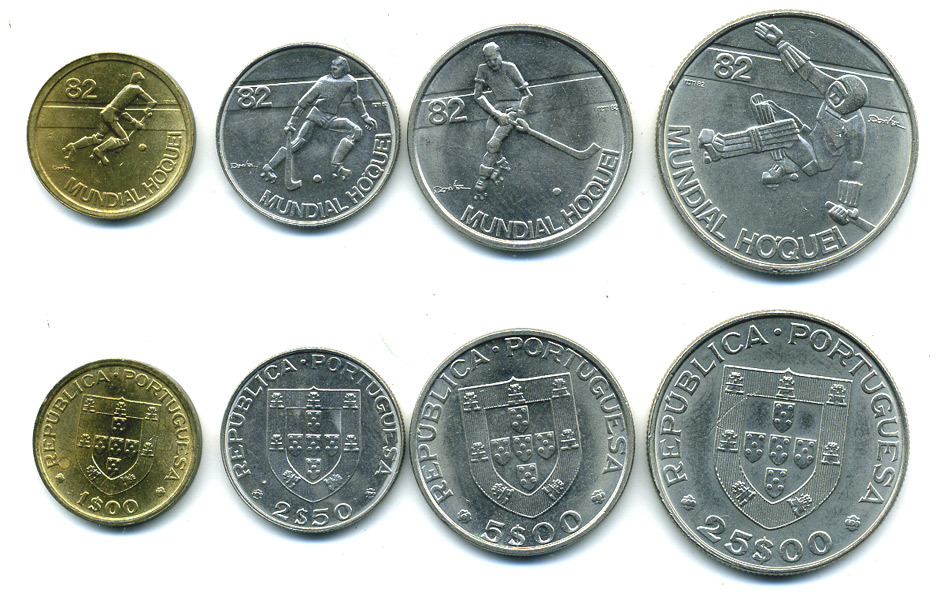 Португалия набор из 4 монет (1, 2,5, 5 и 25 эскудо) 1982 Чемпионат мира по хоккею на роликах KM 612, 613, 615 и 616   UNC  4670-1116-1117 N5-46