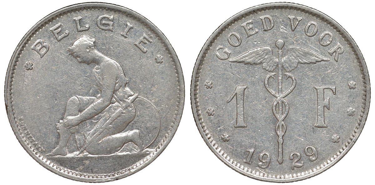 Бельгия 1 франк 1929 Belgie KM 90 никель 51-1812