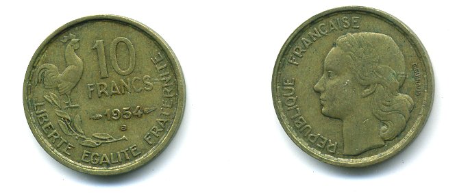 Франция 10 франков 1954 В, петух KM 915.2, Le Frank 363.11 алюминиевая бронза 3999-556