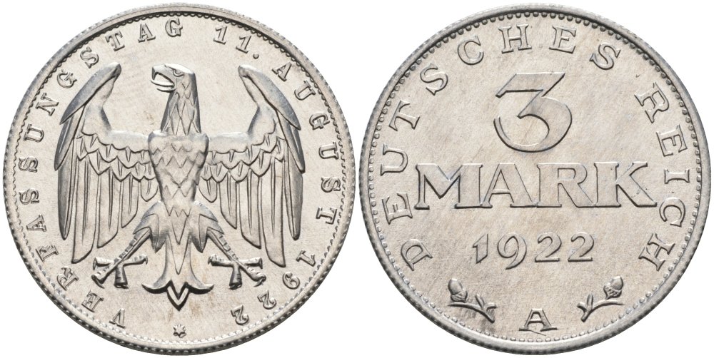 Германия 3 марки 1922 А, третья годовщина Веймарской Конституции KM 29, J.303 алюминий UNC 4574-742