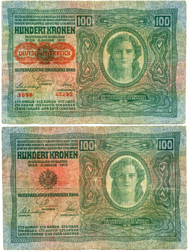 Австрия 100 крон 1912 (1919) красная надпечатка на Pick 12, на аверсе Pick 56 a бумага 444-60-1