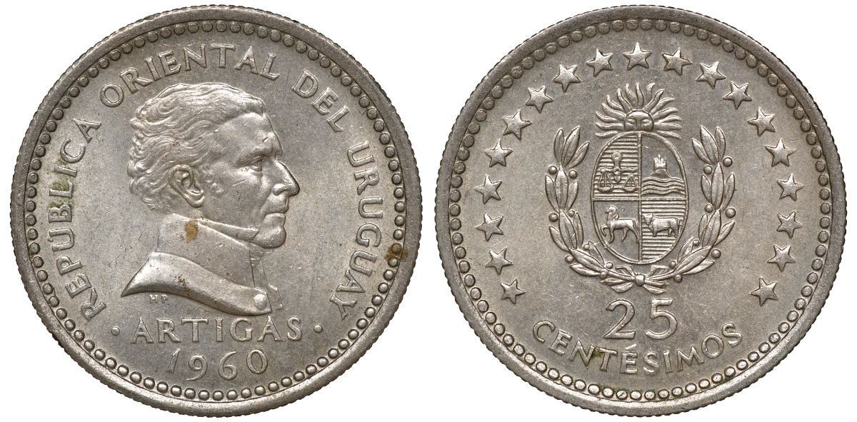 Уругвай 25 сентесимо 1960 KM 40 медно-никель 4169-922