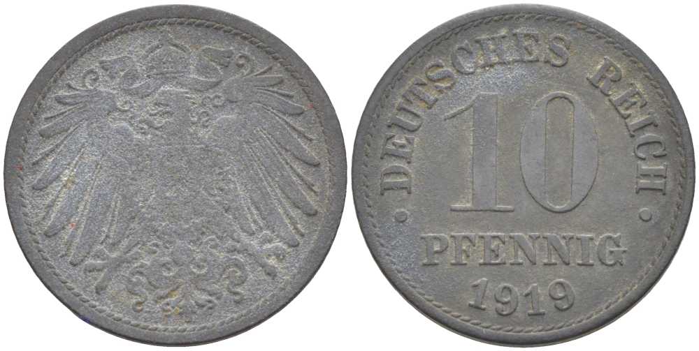 ГЕРМАНИЯ 10 ПФЕННИГОВ 1919 KM 26, J. 299 цинк 4401-137