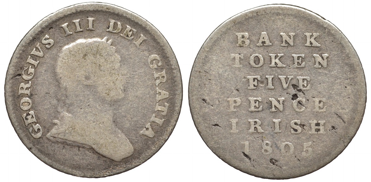 ИРЛАНДИЯ 5 ПЕНСОВ 1805 БАНК ИРЛАНДИИ, ТОКЕН, ГЕОРГ III KM Tn2 серебро 1524-641