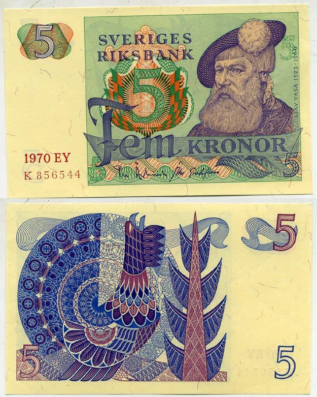 Швеция 5 крон 1970 EY, Густав I Ваза Pick 51b бумага aUNC 445-53-2