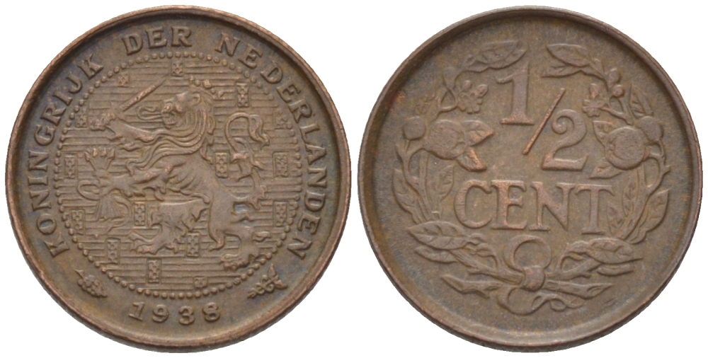 НИДЕРЛАНДЫ 1/2 ЦЕНТА 1938 ВИЛЬГЕЛЬМИНА (1890-1948) KM 138 бронза 39-238