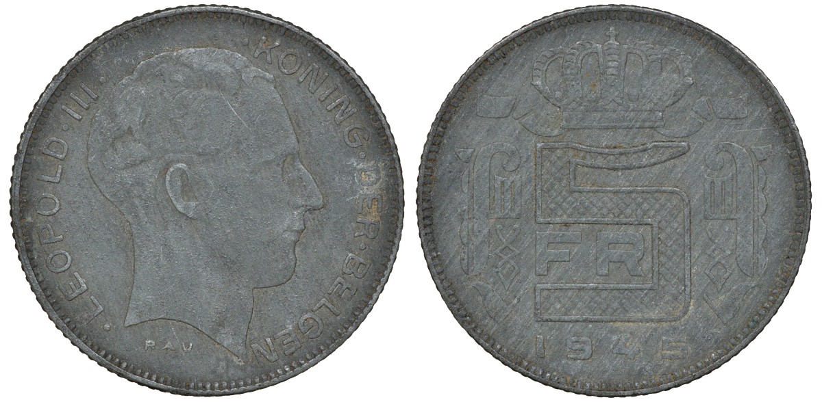 Бельгия 5 франков 1945 Belgen, редкая KM 130 цинк 4163-527