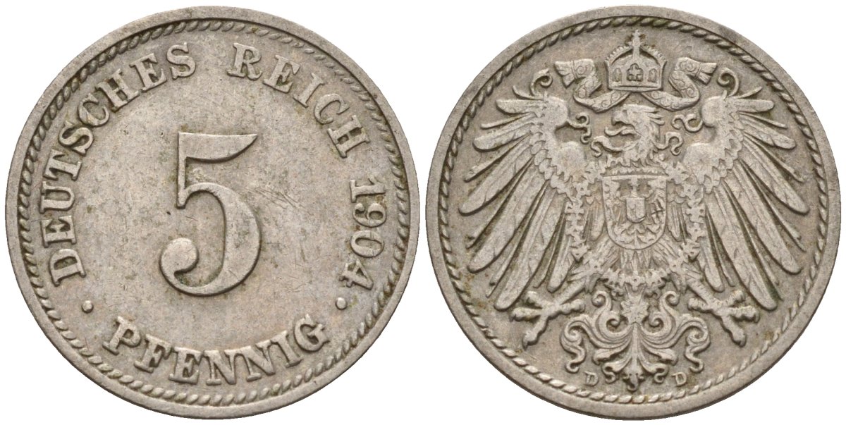 Германия 5 пфеннигов 1904 E KM 11, J. 12 медно-никель 4151-443