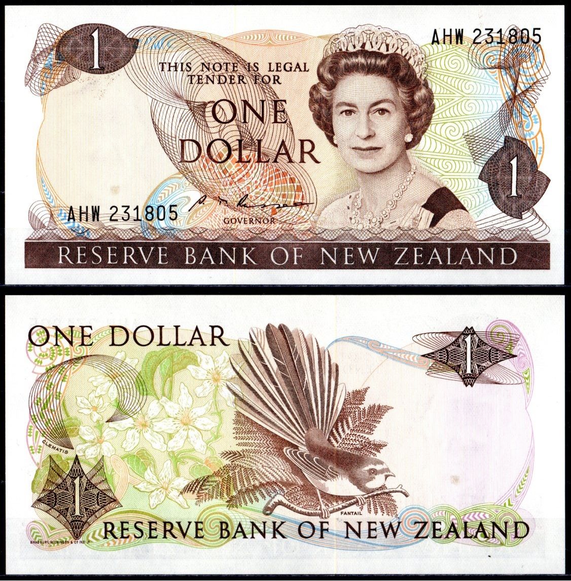 Новая Зеландия 1 доллар ND (1981-1992) Елизавета II (1952-2022), Веерохвост Pick 169 b бумага UNC (пресс) 8615-18-2-1