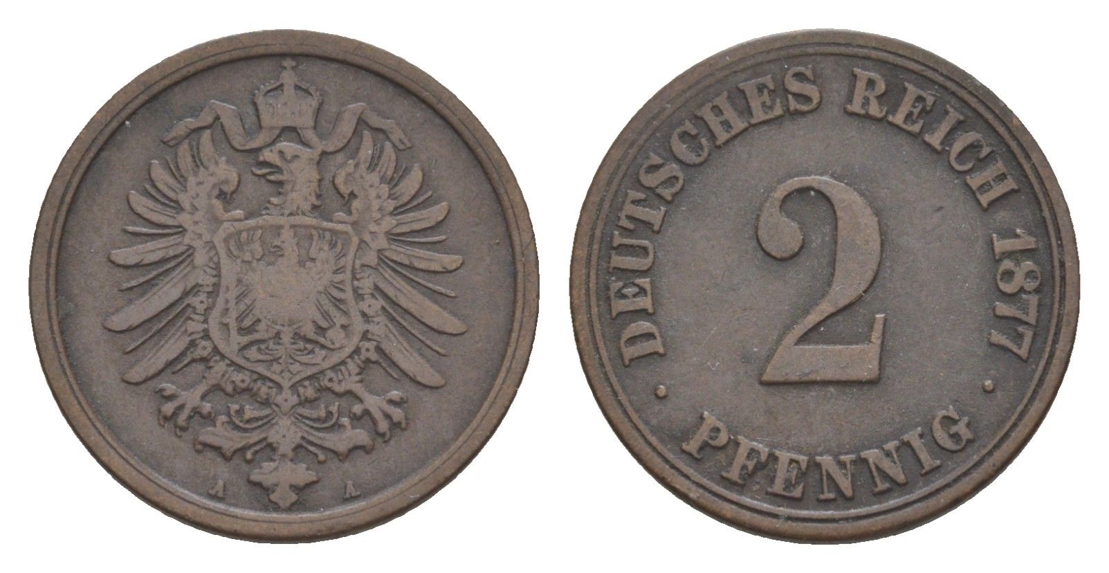 Германия 2 пфеннига 1877 A, Вильгельм II (1888-1918) KM 2, J. 2, Weege 3 медь 4639-1212