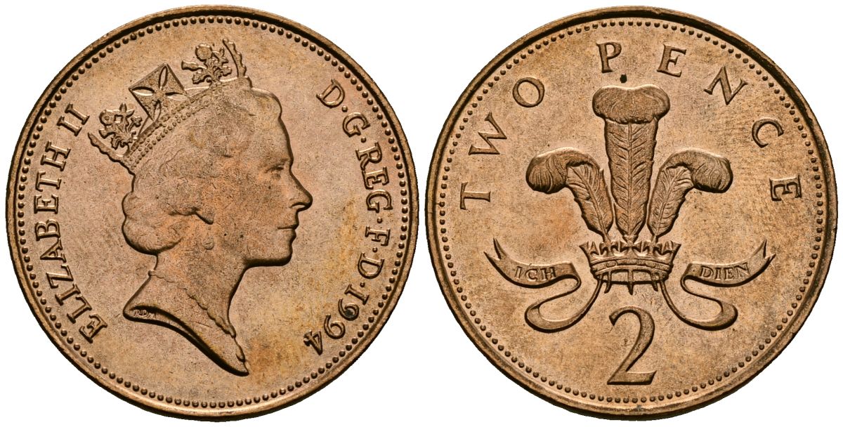 Великобритания 2 пенса 1994 Елизавета II (1952-2022) KM 936a, Spink 4376 (C4) сталь плакированная медью 3333-125