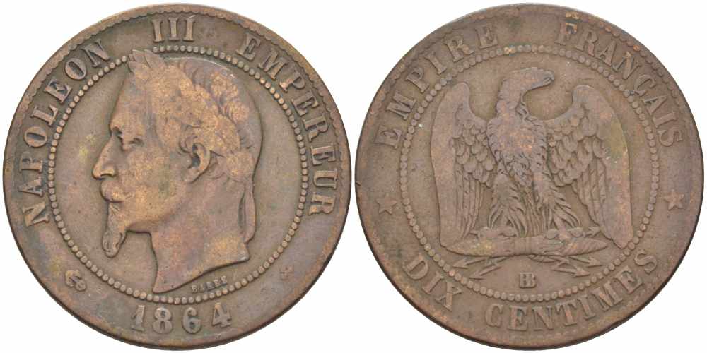 ФРАНЦИЯ 10 САНТИМОВ 1864 BB, НАПОЛЕОН III (1852-1870) KM 798.2, LE FRANC 134.12 бронза 4389-934