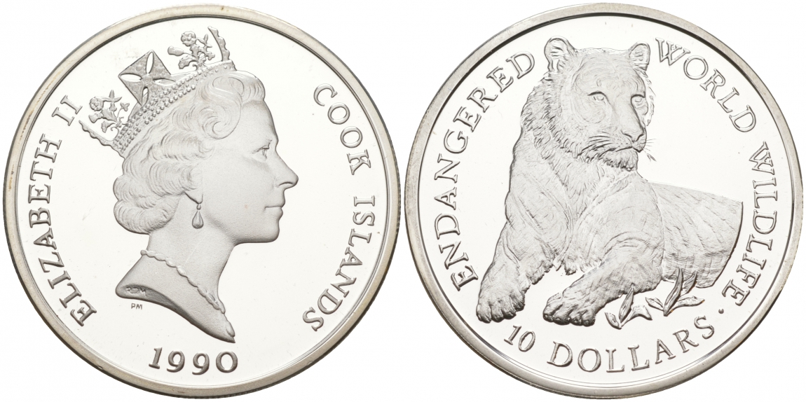 Острова Кука 10 долларов 1990 серия исчезающие виды животных, тигр KM 73 серебро PROOF 00-000-00