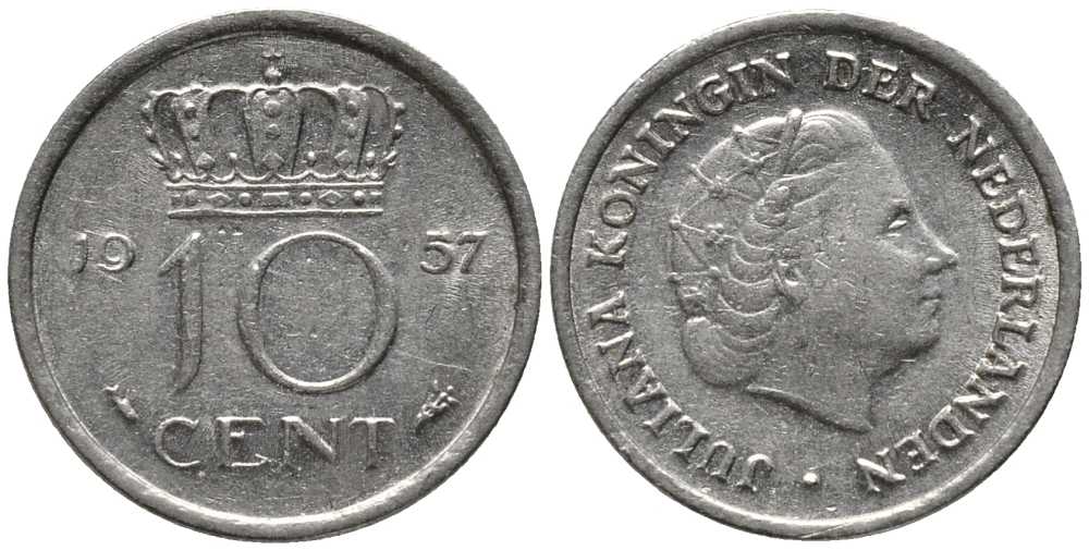 Нидерланды 10 центов 1957 Юлиана (1948-1980) KM 182 никель 112-737
