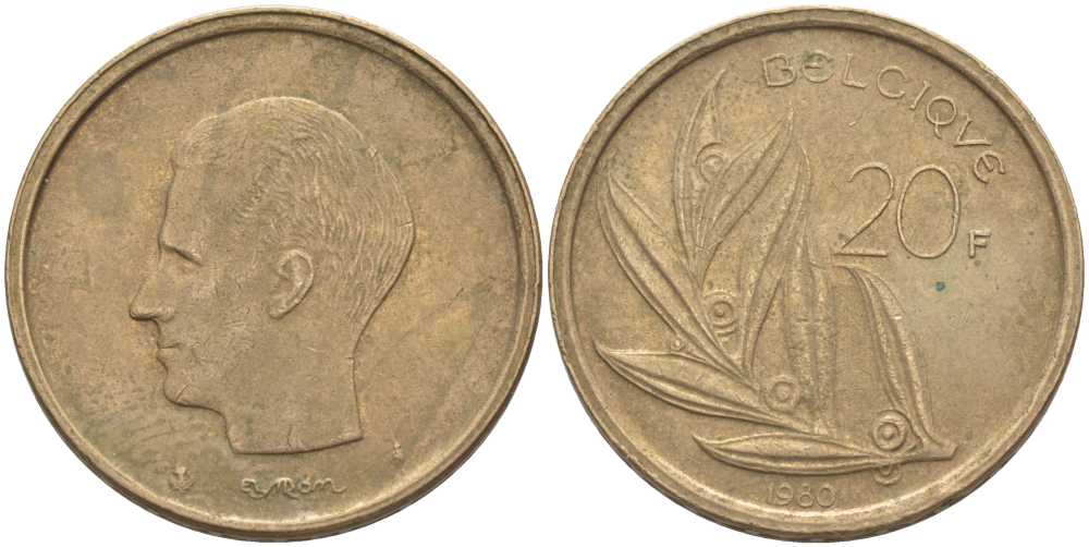 Бельгия 20 франков 1980 Belgique, Бодуэн I (1951-1993) KM 159 никель бронза 115-741