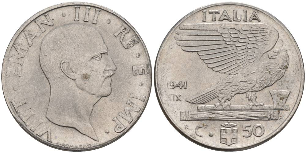 ИТАЛИЯ 50 ЧЕНТЕЗИМО 1941 R, ГОД XIX, ВИКТОР ЭММАНУИЛ III (1900-1946) KM 76b, VEM3. 1063 нержавеющая сталь 3853-335