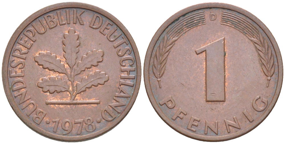 ФРГ 1 ПФЕННИГ 1978 D KM 105, J. 380 сталь плакированная медью 4181-629