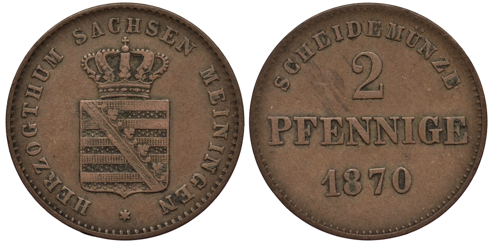 Саксен-Мейнинген 2 пфеннига 1870  KM 174, Jaeger 448, AKS 220 медь    413-5523