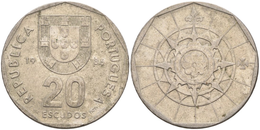 Португалия 20 эскудо 1986 KM 634 медно-никель 4572-1044