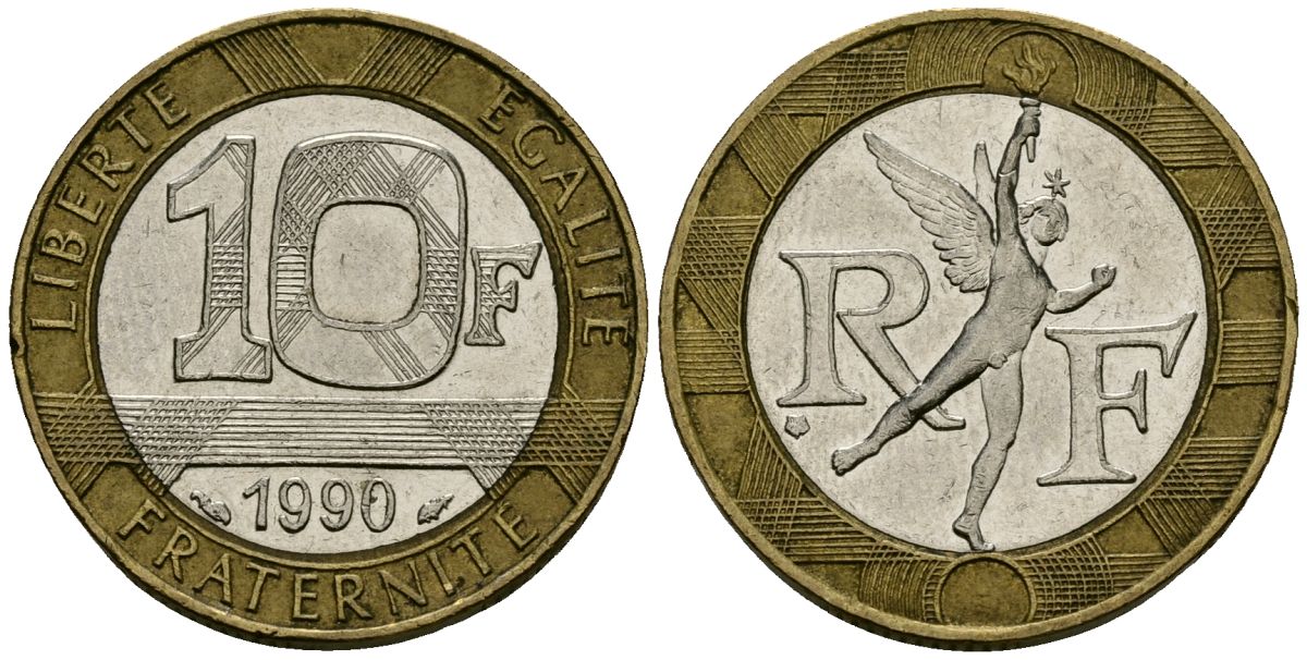 Франция 10 франков 1990 тип Гений Бастилии KM 964.1, Le Frank 375.5 биметалл 4135-541