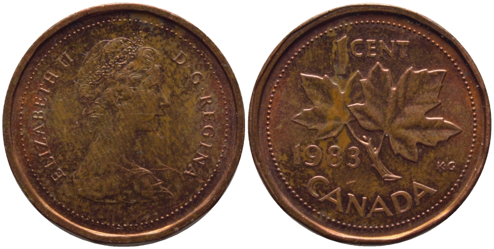 КАНАДА 1 ЦЕНТ 1983 ЕЛИЗАВЕТА II, КЛЕНОВЫЙ ЛИСТ KM 132 бронза 4379-945