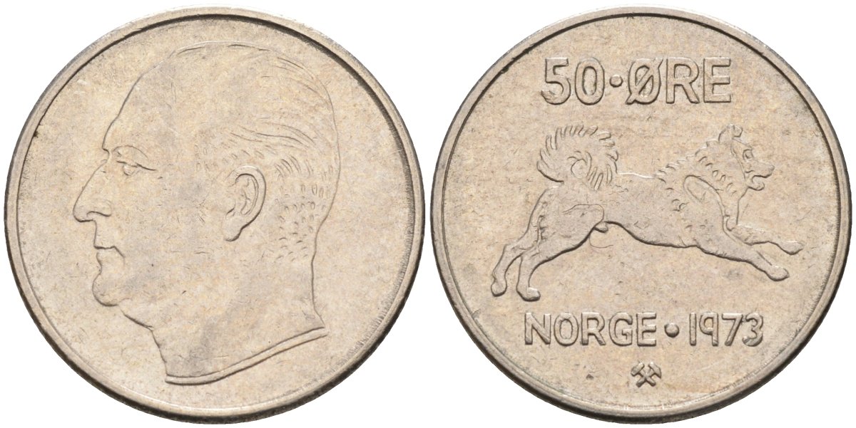 Норвегия 50 эре 1973 Улаф V (1957-1991), собака KM 408 медно-никель 4582-724
