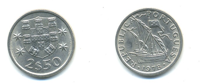 ПОРТУГАЛИЯ 2,5 ЭСКУДО 1978 ПАРУСНИК KM 590 медно-никель 176-137