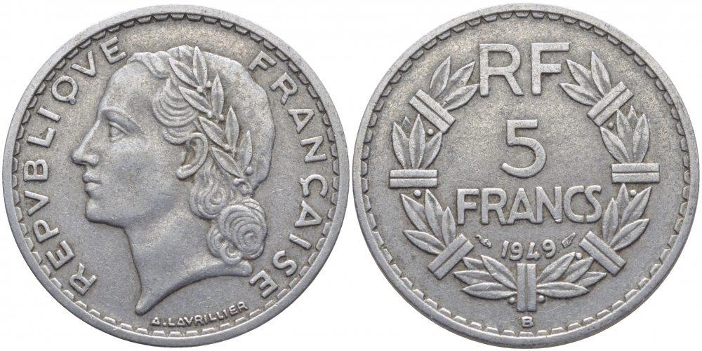 Франция 5 франков 1949 В, тип Лаврийе KM 888b.2, LE FRANC 339.19 алюминий 109-526