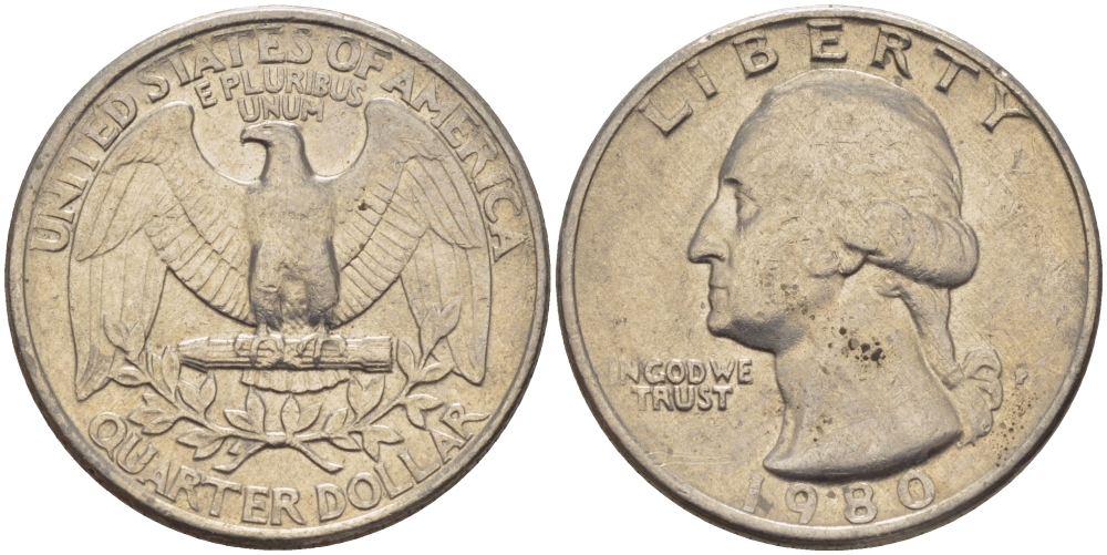 США 25 центов (квотер) 1980 P, Вашингтон KM А164а медь плакированная медно-никелем 31-736