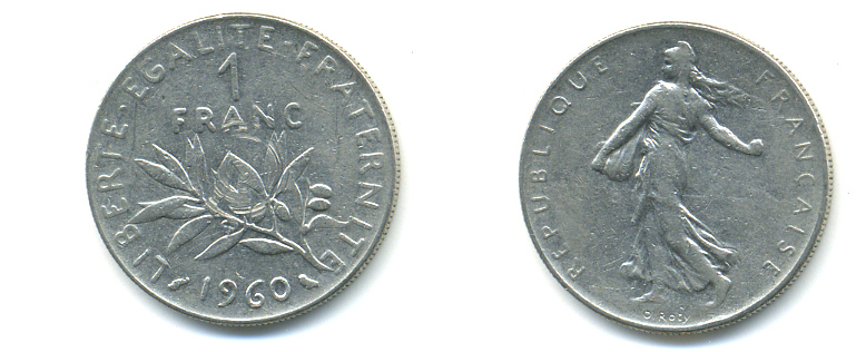 ФРАНЦИЯ 1 ФРАНК 1960 СЕЯТЕЛЬ KM 925.1, LE FRANC 226.4 никель 86-1757
