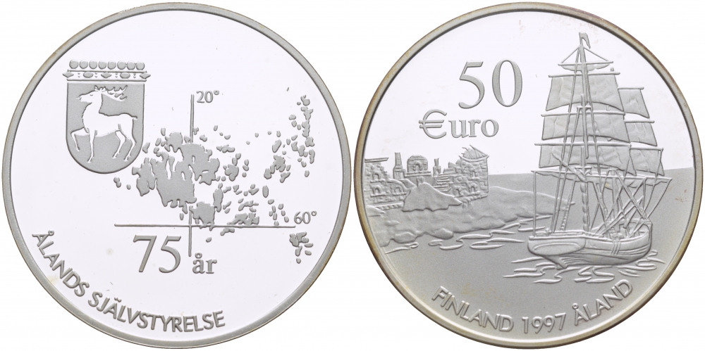 Финляндия 50 евро 1997 75 лет Аландскому самоуправлению, корабль серебро PROOF 04-092-11