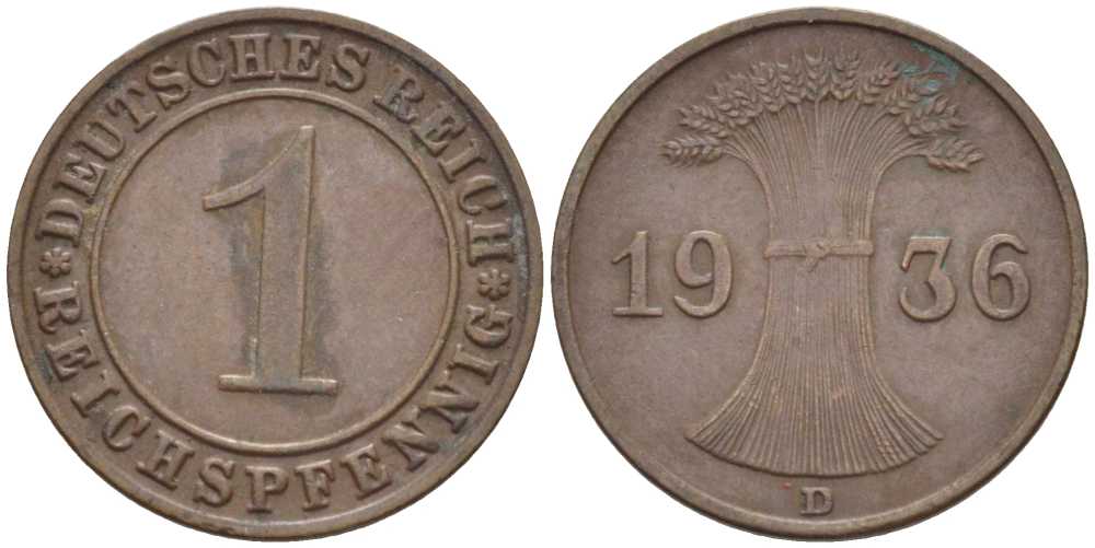 ГЕРМАНИЯ 1 РЕЙХСПФЕННИГ 1936 D KM 37, J. 313, Weege 2 бронза 211-132