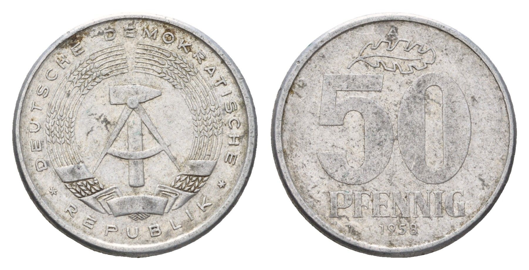 ГДР 50 пфеннигов 1958 A, год-тип KM 12.1 алюминий 4616-351