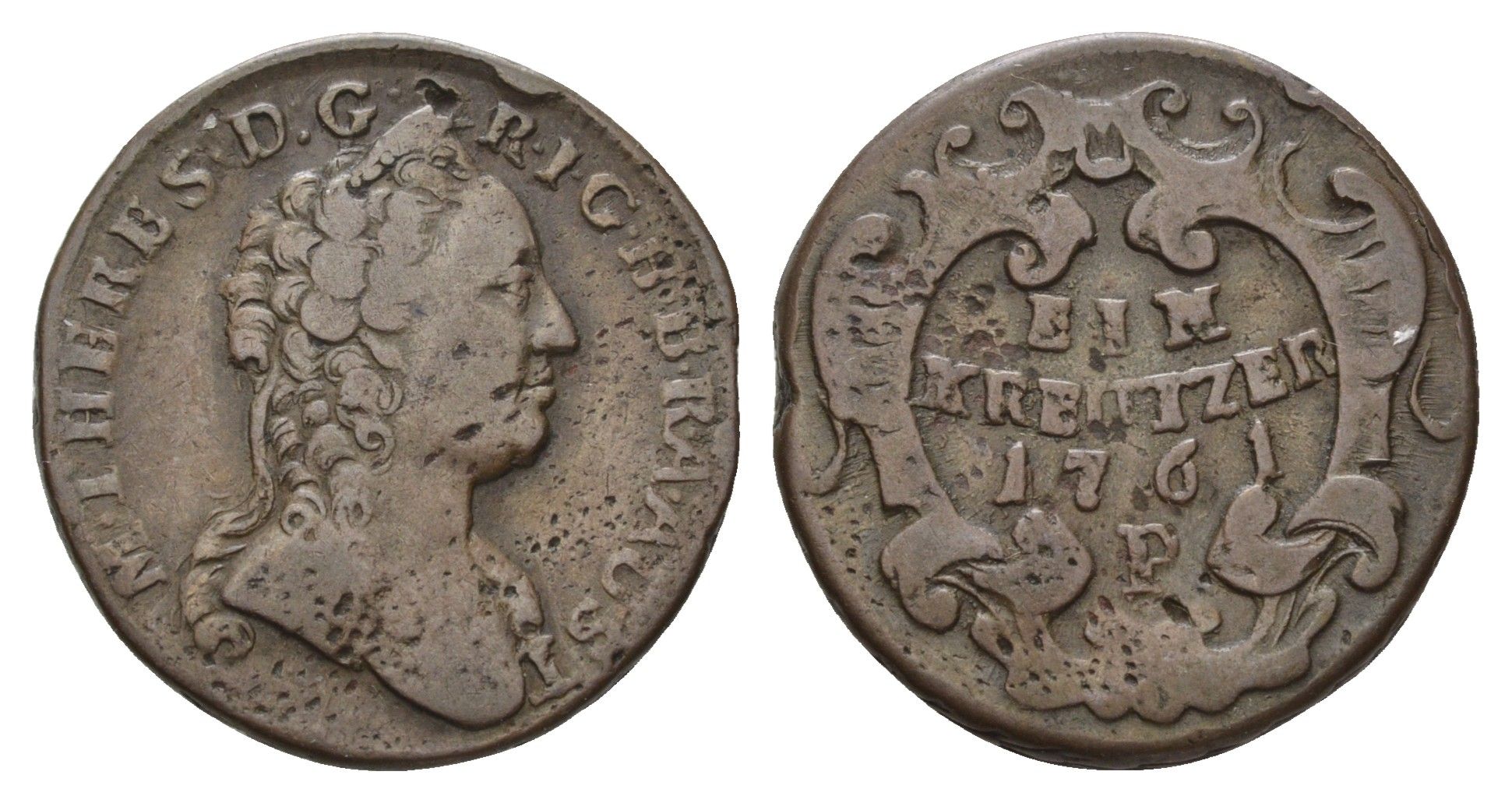 Богемия 1 крейцер 1761 P, Мария Терезия (1740-1780) KM 792 медь 4122-727