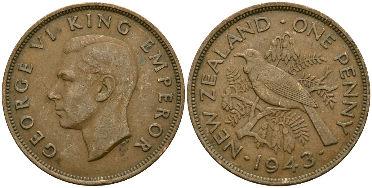 Новая Зеландия 1 пенни 1943 Георг VI (1936-1952), новозеландский туи KM 13 бронза 4165-1215