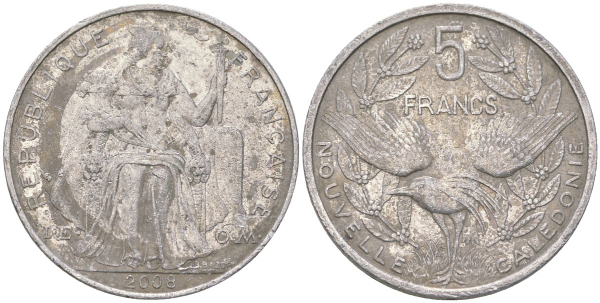 Французская Новая Каледония 5 франков 2008 птица кагу, (IEOM) KM 16, Schoen 12, Lec 81k алюминий 215-433
