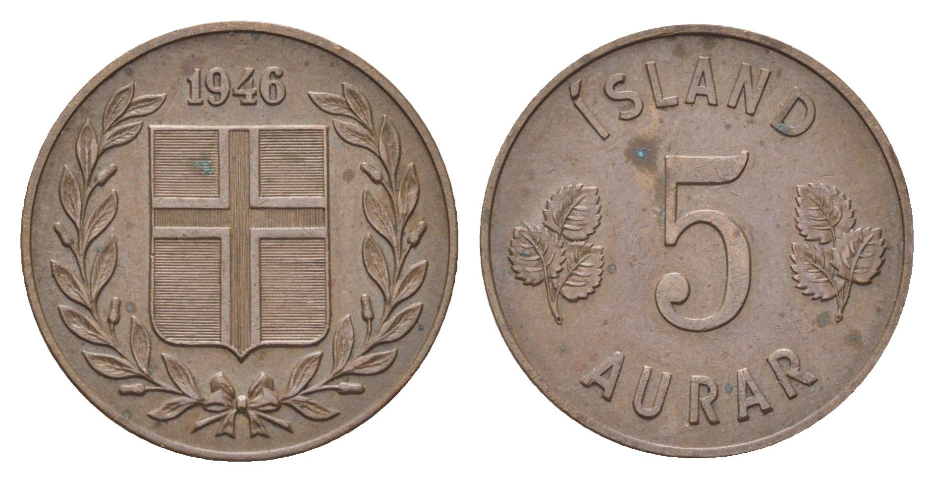 Исландия 5 эйре 1946 KM 9 бронза 4706-537