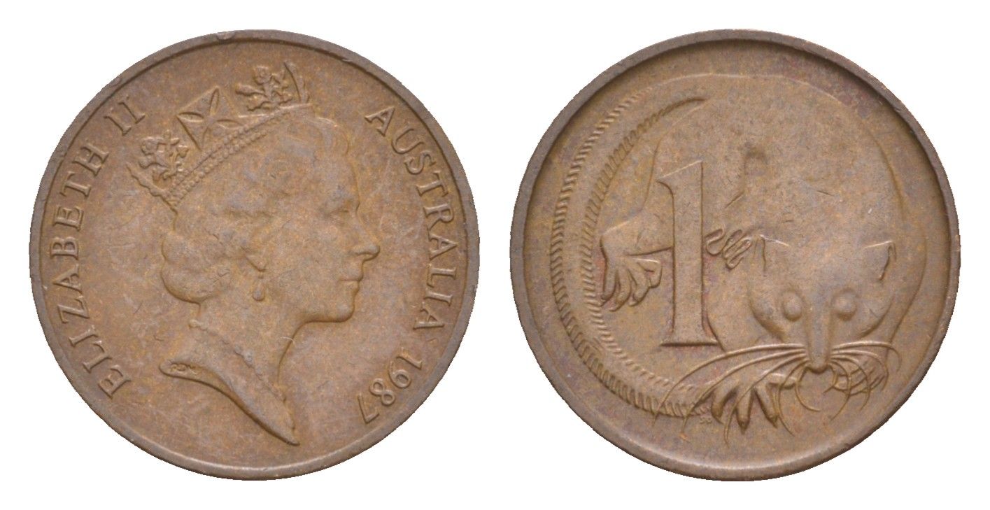 Австралия 1 цент 1987 Елизавета II (1952-2022), второй портрет, опоссум KM 78 бронза 4655-1225