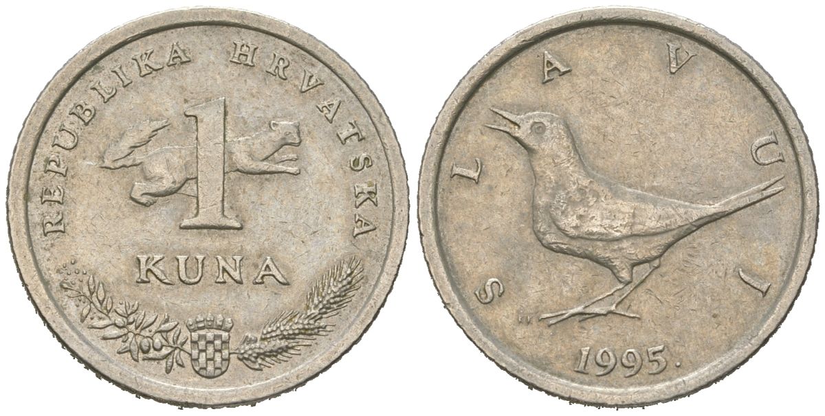 Хорватия 1 куна 1995 западный соловей, легенда на хорватском KM 9.1 медь цинк никель 4448-445