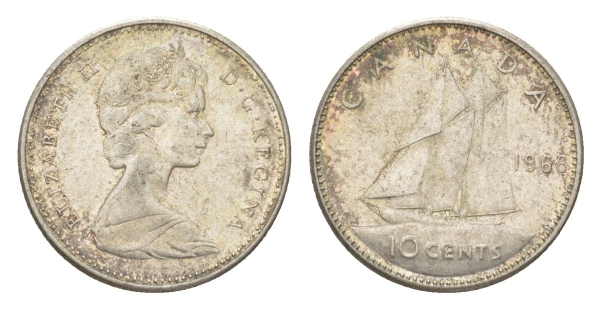 Канада 10 центов 1968 Елизавета II (1952-2022), парусник KM 72 серебро 4623-963