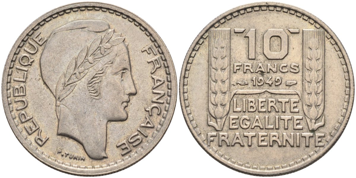 Франция 10 франков 1949 тип Пьер Турин KM 909.1, Le Franc 362.6 медно-никель 4116-1213
