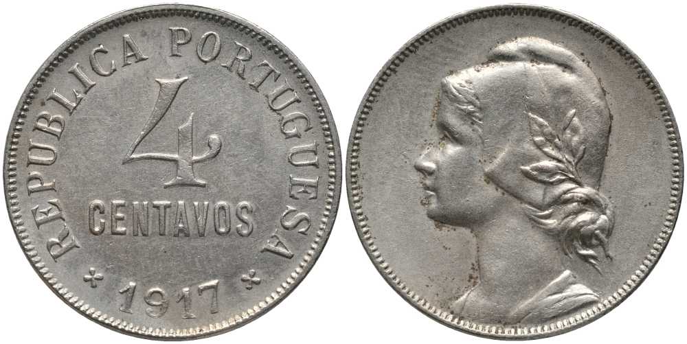 ПОРТУГАЛИЯ 4 СЕНТАВО 1917 РЕСПУБЛИКА, ГОЛОВА СВОБОДЫ ВЛЕВО КМ 566 медно-никель 202-313