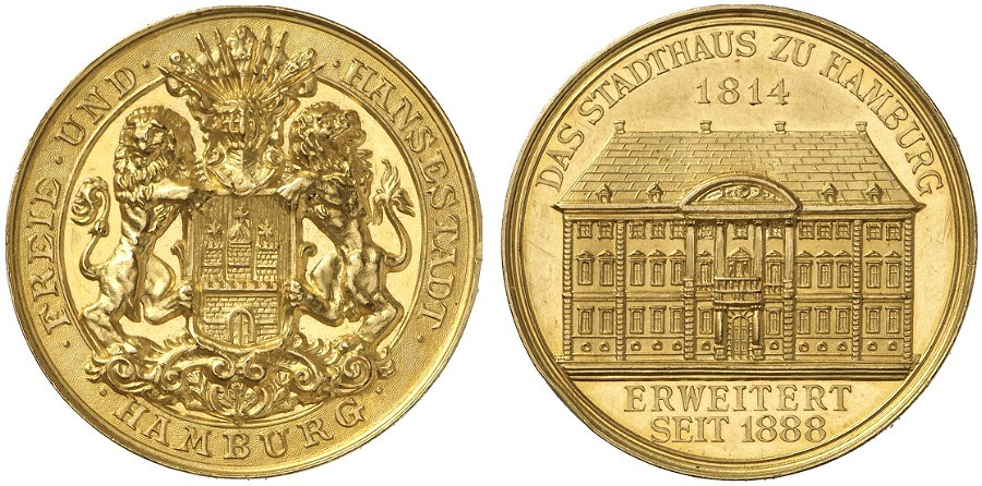 Гамбург медаль после 1890 лучшему сотруднику полиции города, ратуша, 34,5 мм, 17,9 гр золото PROOF 10-009-26