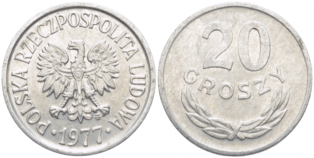 ПОЛЬША 20 ГРОШЕЙ 1977 MW KM A47 алюминий 112-1247