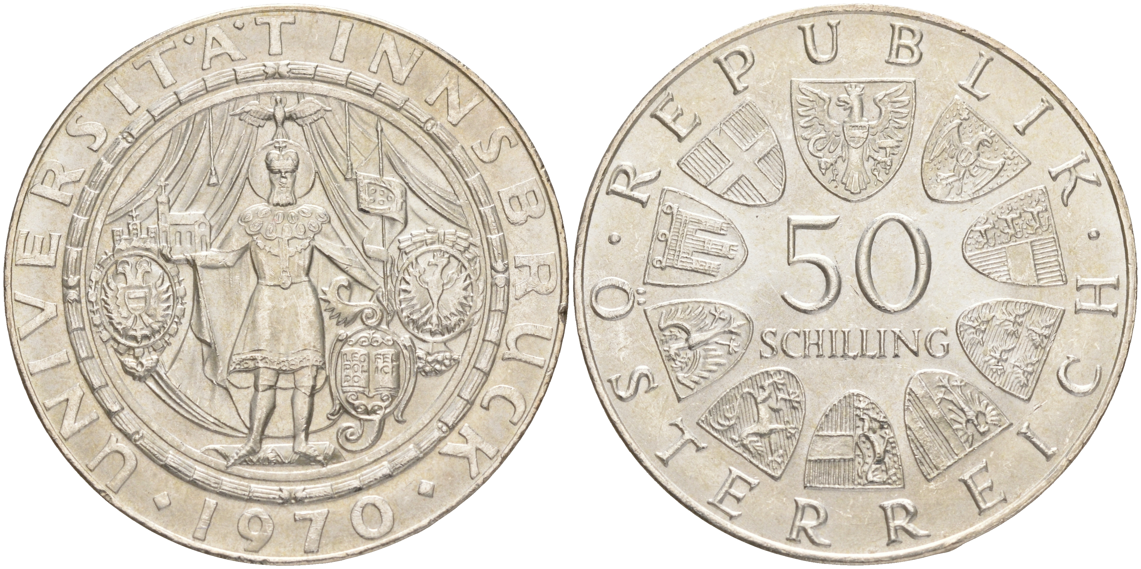 Австрия 50 шиллингов 1970 300 лет образования Университета Инсбрука KM 2908 серебро aUNC 4557-322