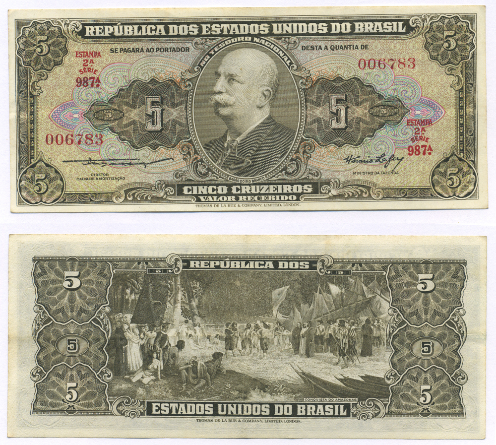 БРАЗИЛИЯ 5 КРУЗЕЙРО 1953-1959 ESTAMPA 2A, СЕРИЯ 987, БАРАО ДО РИО БРАНКО Pick 158а бумага 6294-23-1