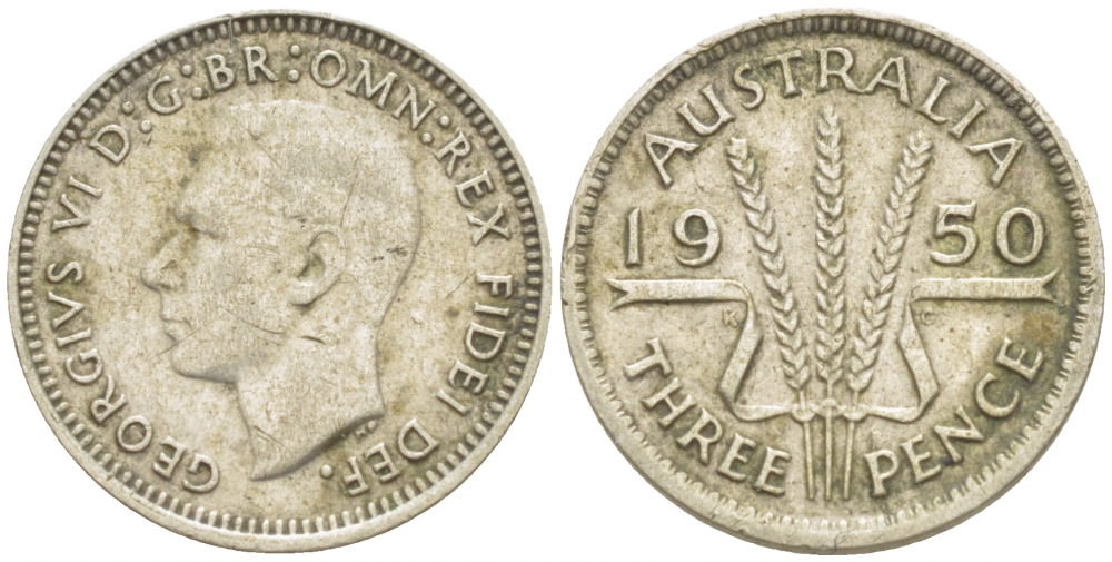 Австралия 3 пенса 1950 m, Георг VI (1937-1952), без букв KM 44 серебро 3851-1043