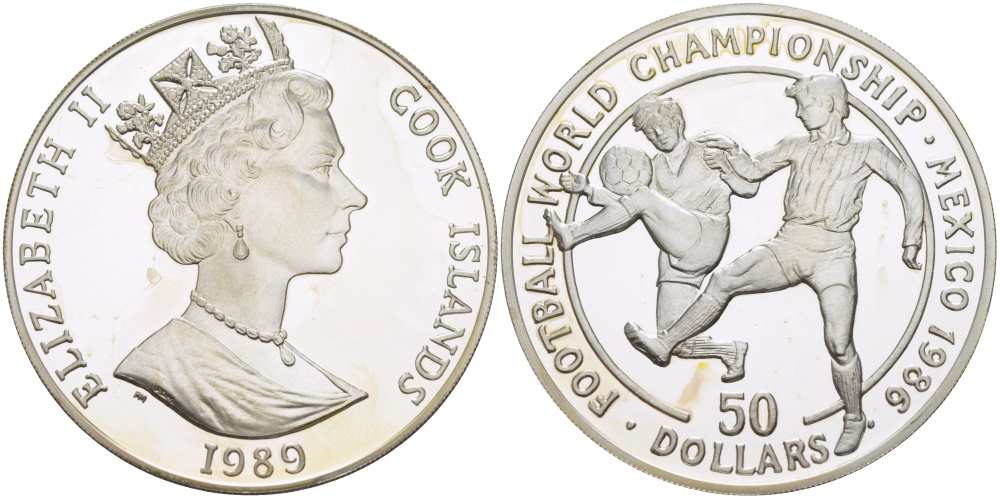 Острова Кука 50 долларов 1989 чемпионат мира по футболу в Мексике 1986 года, два игрока KM 70 серебро PROOF 1085-7-51