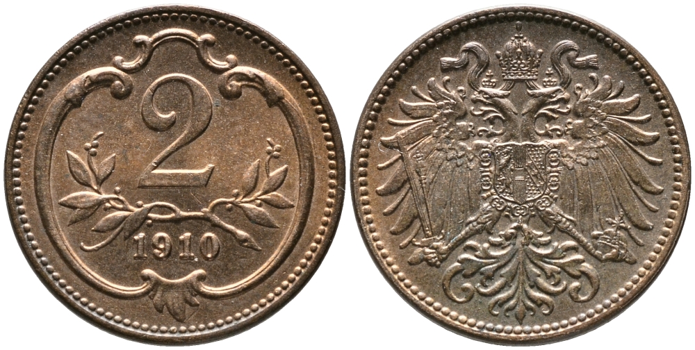 АВСТРИЯ 2 ГЕЛЛЕРА 1910 ФРАНЦ ИОСИФ KM 2801 бронза 100-526