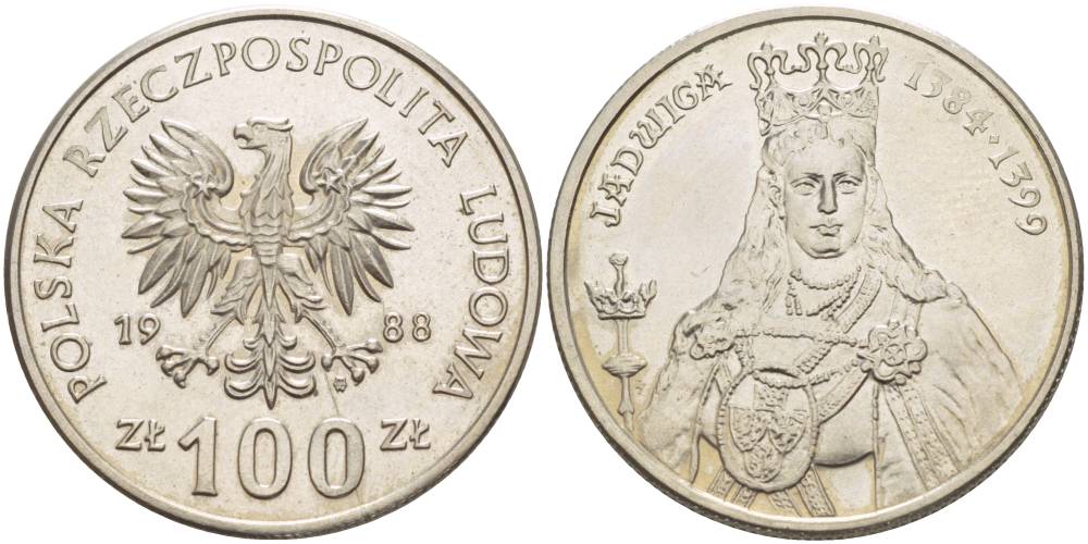 Польша 100 злотых 1988 MW, серия Польские правители, королева Ядвига (1384-1399) KM 183 медно-никель 4542-1016
